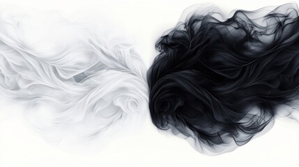 Fototapeta premium Abstract swirling black and white smoke shapes blending together in a soft flowing composition on white background