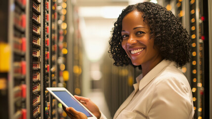 Data Center Female e-Business Entrepreneur Use Tablet Computer with Pleasure Smile. Information Technology Engineer and System Administrator work in Big Cloud Computing Server Farm.