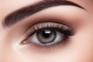 The makeup is shown in close-up, featuring eyebrow makeup and eyelash extensions
