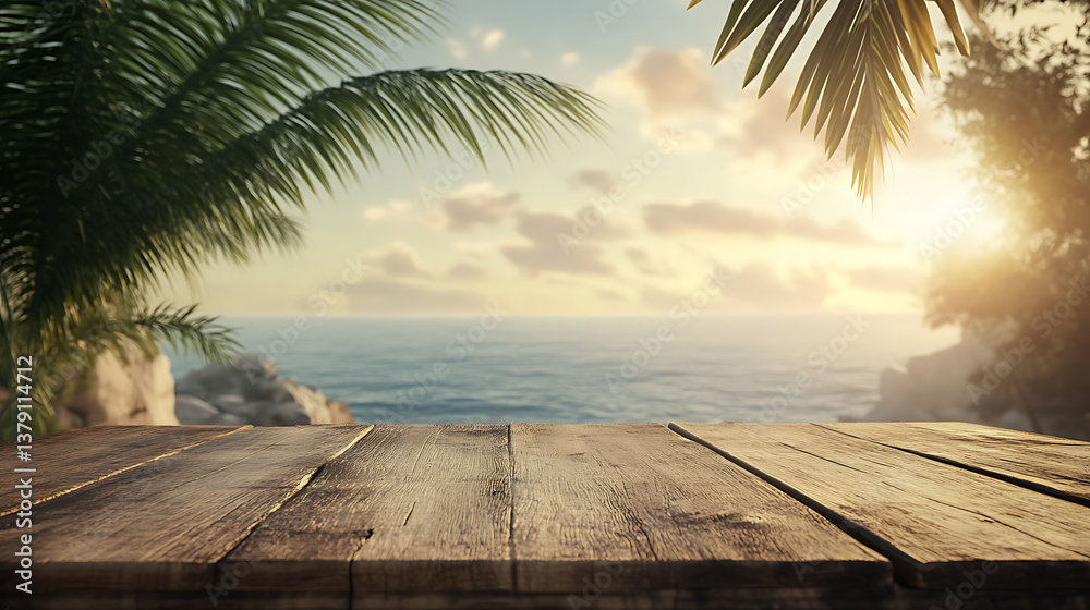 Poster top of wooden table with sea view and palm tree, empty space to display your product, summer vacatio