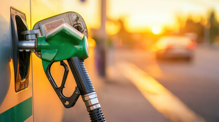 green fuel nozzle is inserted into vehicle at gas station during sunset, creating warm and serene atmosphere