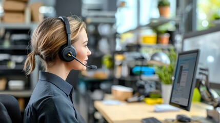 Woman wearing headset working at computer