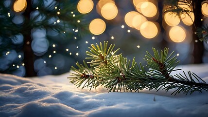 Snowflakes gently fall onto pine branches, set against a festive Christmas backdrop adorned with decorations and a soft bokeh glow.