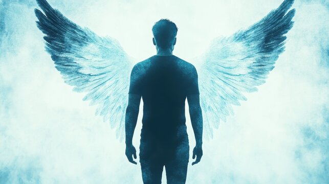 Silhouette of a man with large angel wings in blue mystical light, symbolizing strength, protection and transformation