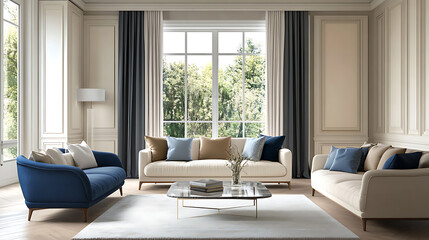 Beige and blue sofas against window in classic room, interior design of modern living room