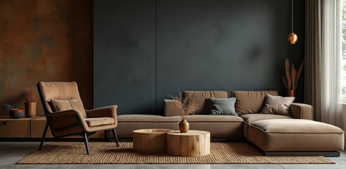 modern living room interior with comfortable sofa and armchair