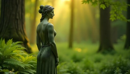 A statue of a woman standing in a lush green forest.  Made of stone and is intricately carved features. She is standing with her back to the viewer. Her hair is styled in a bun .