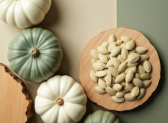 Obraz premium three pumpkins and pumpkin seeds on a wooden board