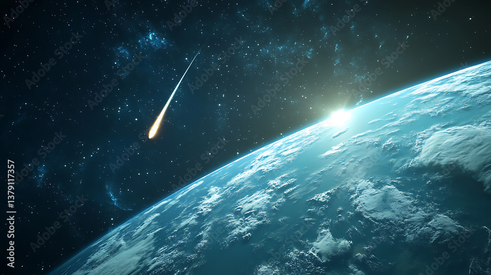 Poster meteorite direction earth, meteor entering the atmosphere of planet earth