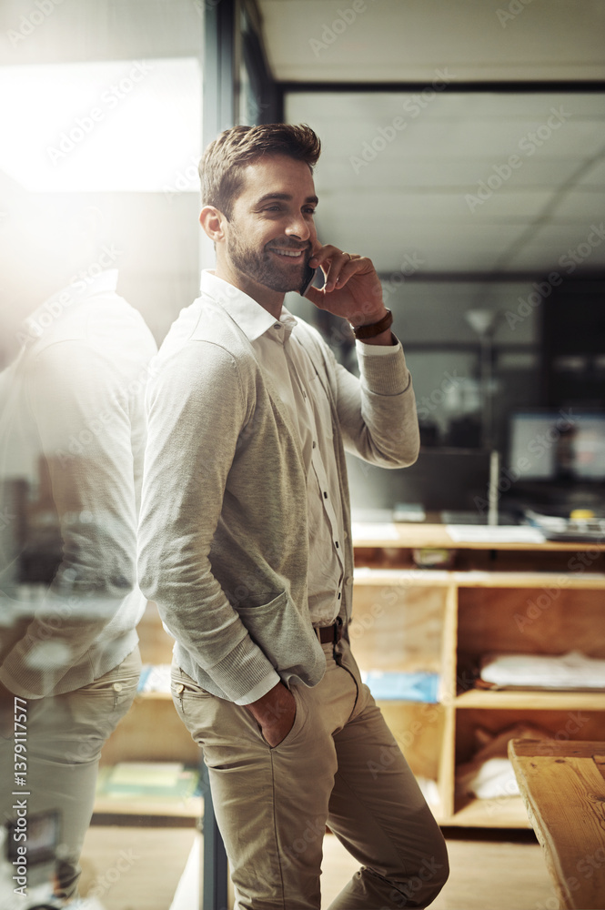 Poster phone call, business and man in office, conversation and communication with planning, project and sm