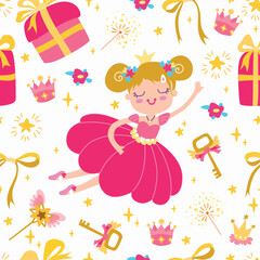 Childrens seamless pattern with little girl and princess accessories. Kids vector ornament.
