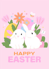 Happy Easter card with cute rabbits, easter eggs, flowers and bee on a pink background. Vector illustration.