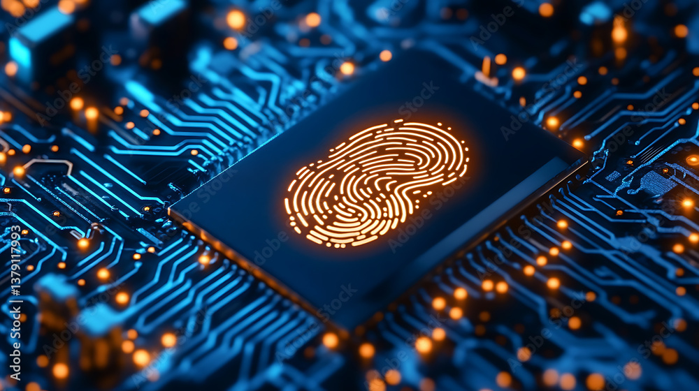 Poster Microchip integrated with a unique fingerprint pattern, symbolizing advanced biometric identification technology for secure access and authentication