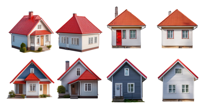 Collection of Modern Houses with Red Roofs in Various Designs, PNG bundle collection, Isolated on Transparent Background