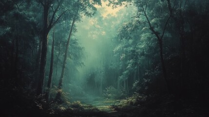 Obraz premium Ethereal forest bathed in soft light. Lush greenery and swirling fog create a mysterious, dreamlike atmosphere