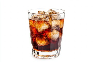 Glass of dark soda drink with ice cubes on white background, fizzy cold sweet refreshing soft beverage