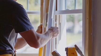 A construction worker fitting windows into a frame. Featuring precision and care