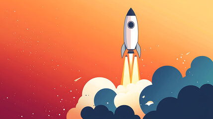 Minimalist banner with rocket ship taking off, illustration