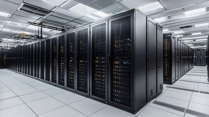 Shot of Multiple Personal Computer Monitors Showing Coding Language Program with System Monitoring Interface. In the Background Data Center with Server Racks.