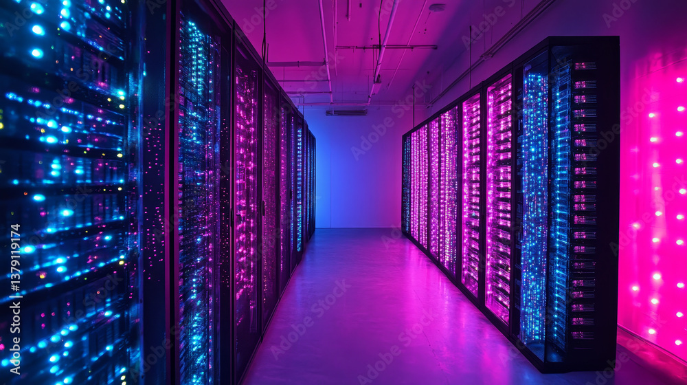 Poster shot of data center with multiple rows of fully operational server racks. modern telecommunications,