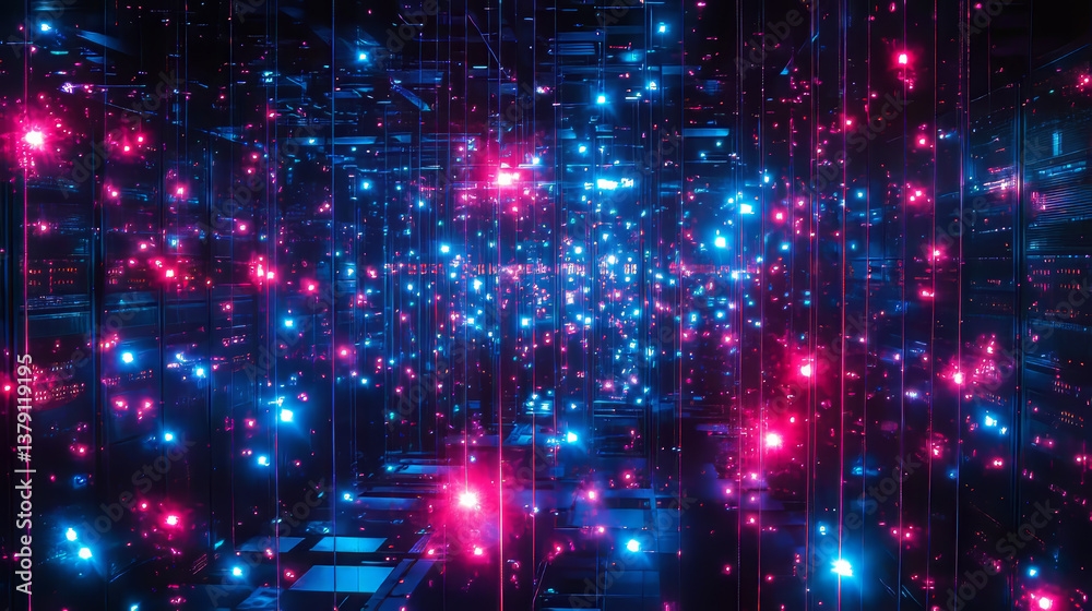 Poster shot of data center with multiple rows of fully operational server racks. modern telecommunications,