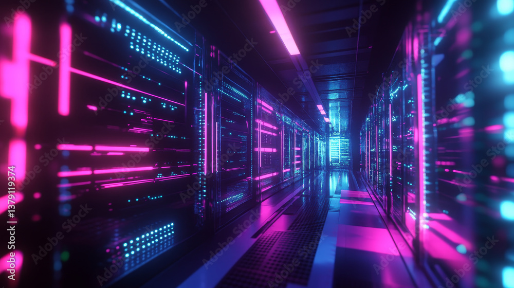 Poster shot of data center with multiple rows of fully operational server racks. modern telecommunications,