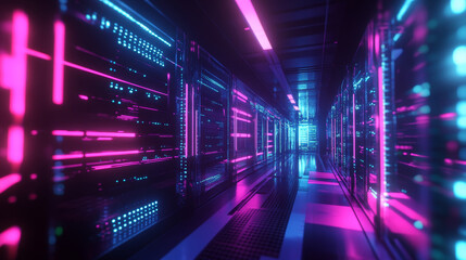 Obraz premium Shot of Data Center With Multiple Rows of Fully Operational Server Racks. Modern Telecommunications, Artificial Intelligence, Supercomputer Technology Concept. Shot in Dark with Neon Blue, Pink Lights