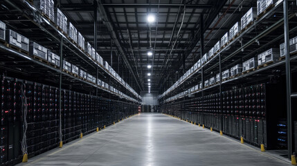Obraz premium Modern Data Technology Center Server Racks Working in Dark Facility. Concept of Internet of Things, Big Data Protection, Cryptocurrency Farm, Cloud Computing. 3D Render of Warehouse for Crypto Mining.