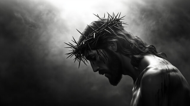 Black and White Portrait of Jesus Christ with Crown of Thorns &ndash; Side View in a Misty, Dramatic Atmosphere