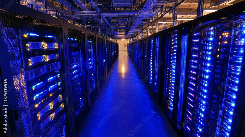 Poster shot of corridor in working data center full of rack servers and supercomputers with blue neon visua