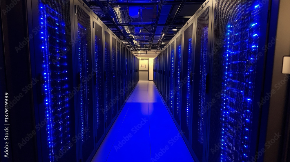 Poster shot of corridor in working data center full of rack servers and supercomputers with blue neon visua