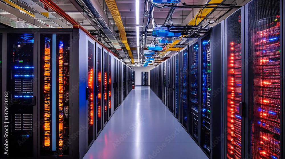 Poster shot of corridor in working data center full of rack servers and supercomputers with high speed iner