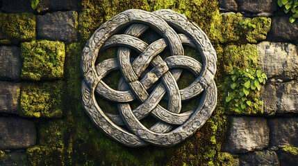 Intricately carved stone eternal knot on a mossy wall. Eternal Carvings. Illustration