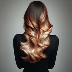 Fototapeta premium The portrait shows a young brunette woman with long, flowing wavy hair from a rear perspective