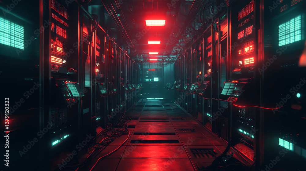 Poster wide-angle panorama shot of a working data center with rows of rack servers. red emergency led light