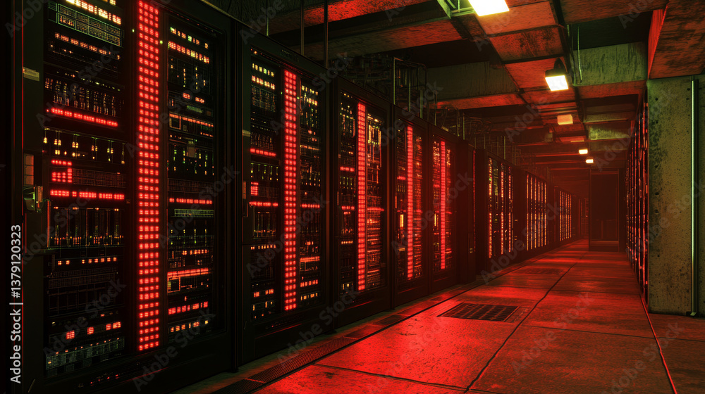 Poster wide-angle panorama shot of a working data center with rows of rack servers. red emergency led light