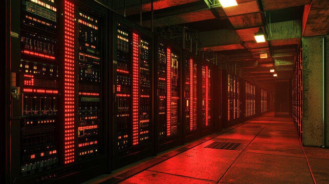 Wide-Angle Panorama Shot of a Working Data Center With Rows of Rack Servers. Red Emergency Led Lights Blinking and Computers are Working. Dark Ambient Light.