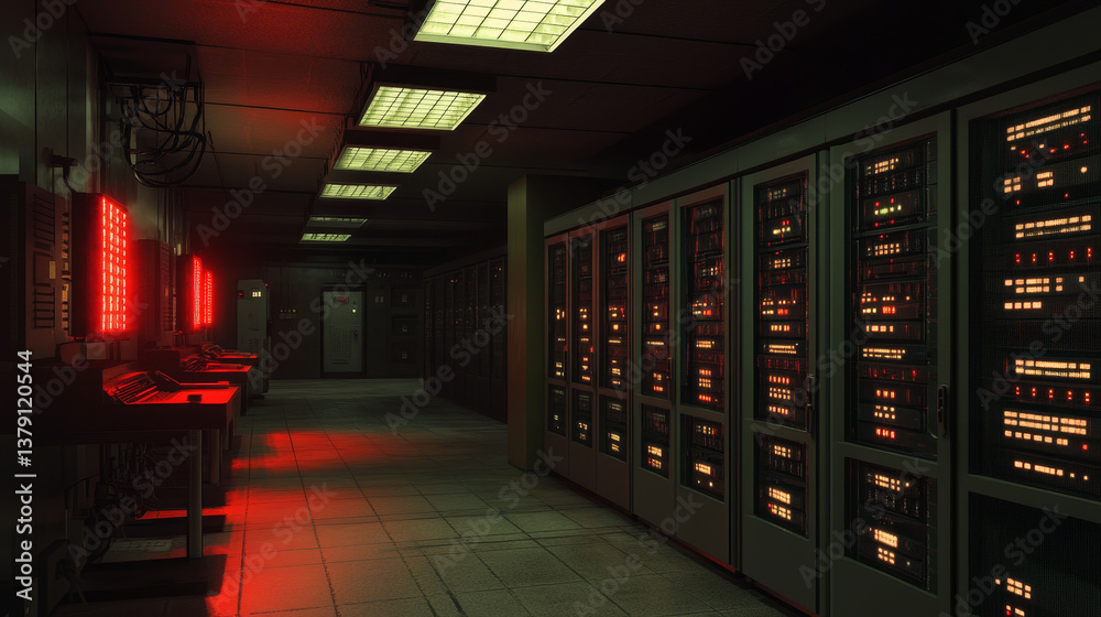 Poster wide-angle panorama shot of a working data center with rows of rack servers. red emergency led light