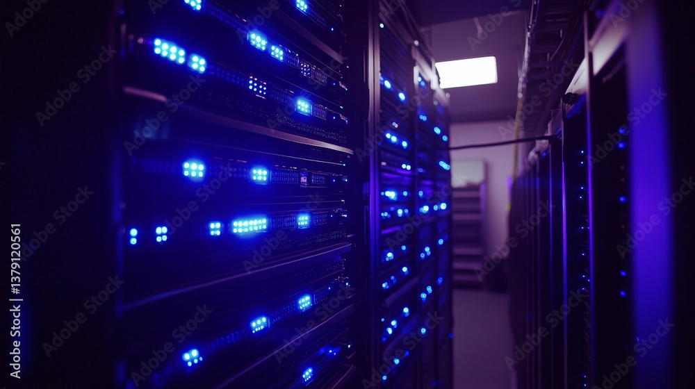 Poster wide-angle panorama shot of a working data center with rows of rack servers. blue led lights blinkin