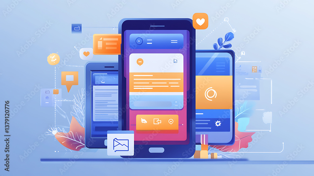 Poster Mobile app ui ux design, conceptual illustration of the web development process, developing mobile applications, web design of mobile layout of a website, digital technology