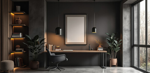 modern home office with wooden desk metal chair and indoor plants