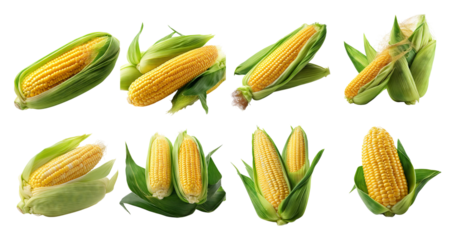 Fresh Corn Ears with Green Husks for Culinary and Farming Use, Bundle Set Collection, Isolated on Transparent Background