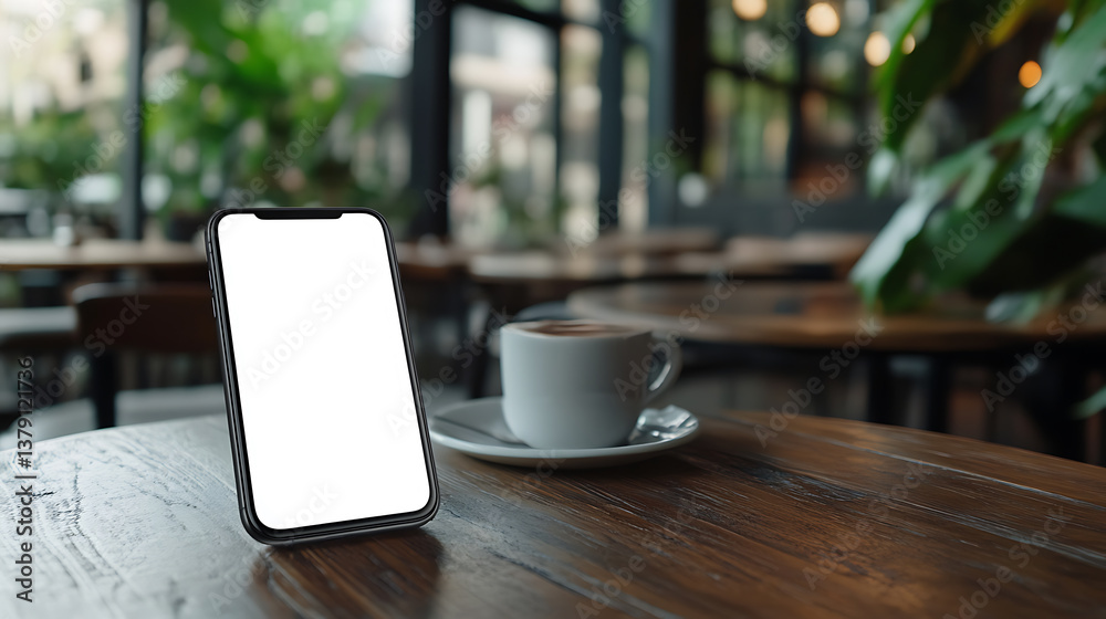 Poster mockup image of modern smartphone with blank white screen on wooden table in cafe