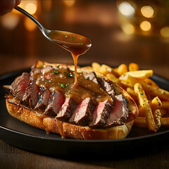 studio shot of a spoon pouring au jus sauce on an open sandwich with sliced prime rib fries on the side on a black plate warm lighting in the background low an