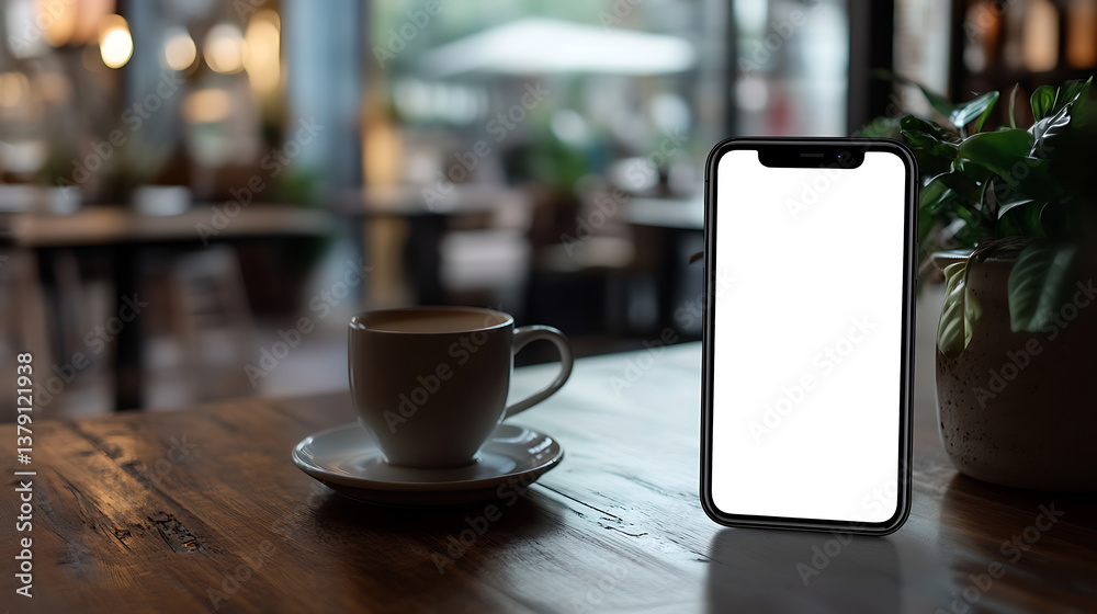Poster mockup image of modern smartphone with blank white screen on wooden table in cafe