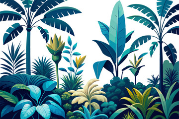 Toile tropical vintage botanical palm trees, banana tree, plants seamless border white background. Blue jungle mural vector © Cartoon Maker 2