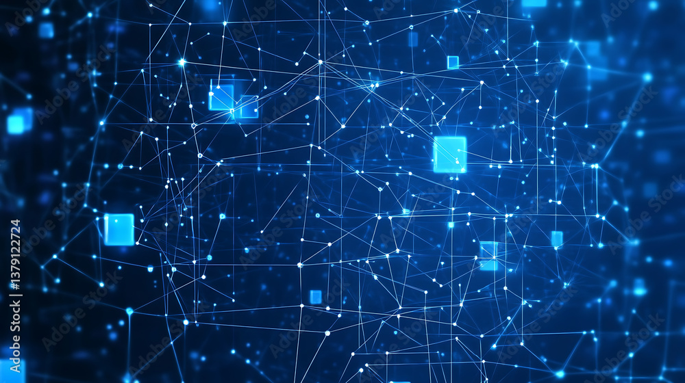Poster Blue abstract seamless network background with dots and squares