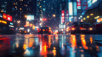 Fototapeta premium Rain falling on city street at night reflecting blurred traffic lights