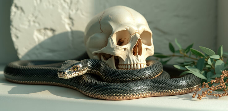 dark snake coiled around a human skull in a still life setting