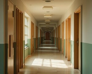 long corridor with wooden doors and sunlight streaming through a window